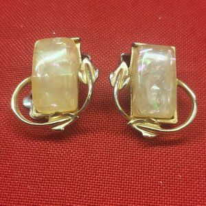 Vintage Coro Faux Opal Clip Earrings Gold Tone Signed